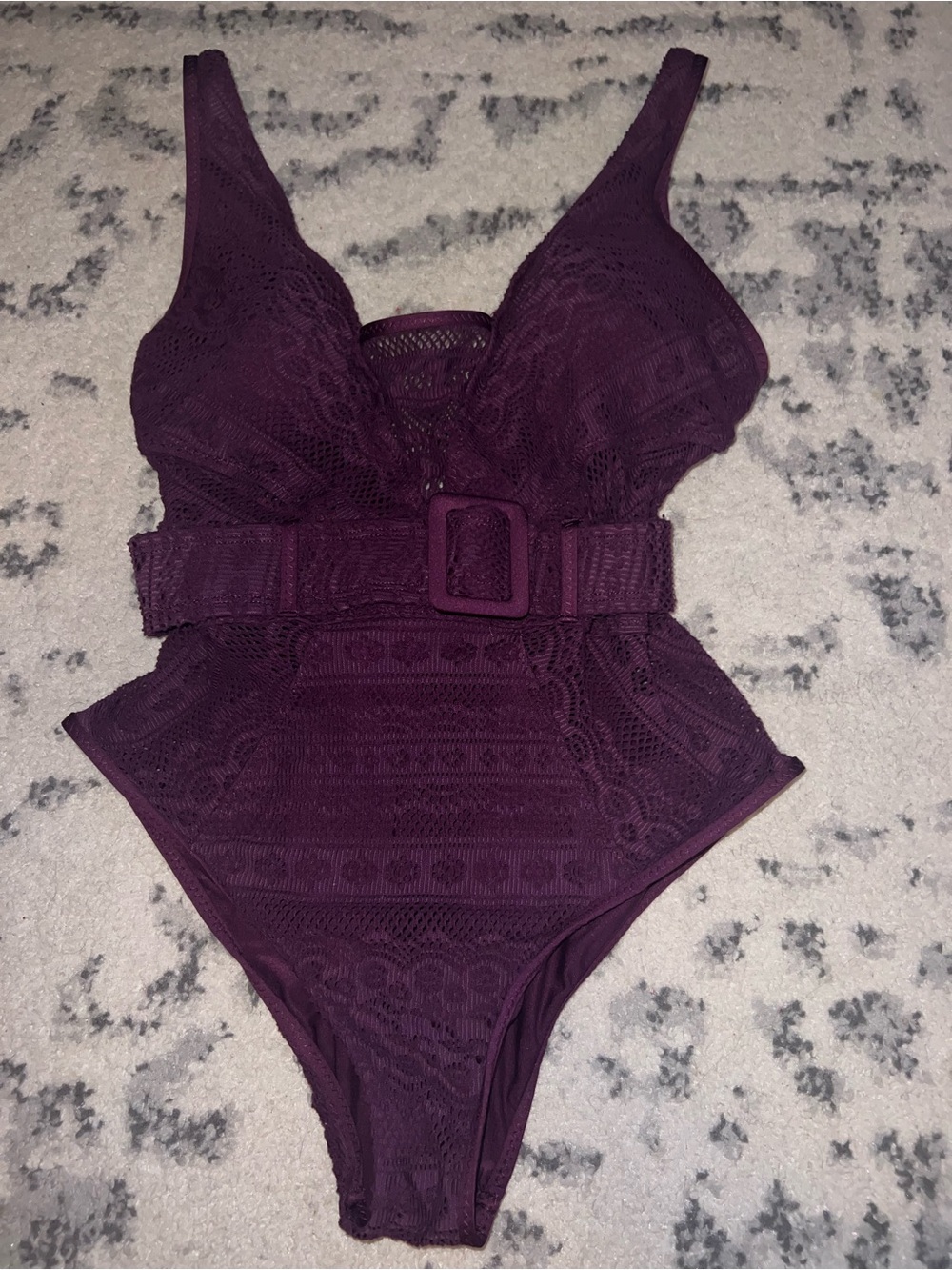 BECCA Deep Plum Lace Belted V-Neck Swimsuit